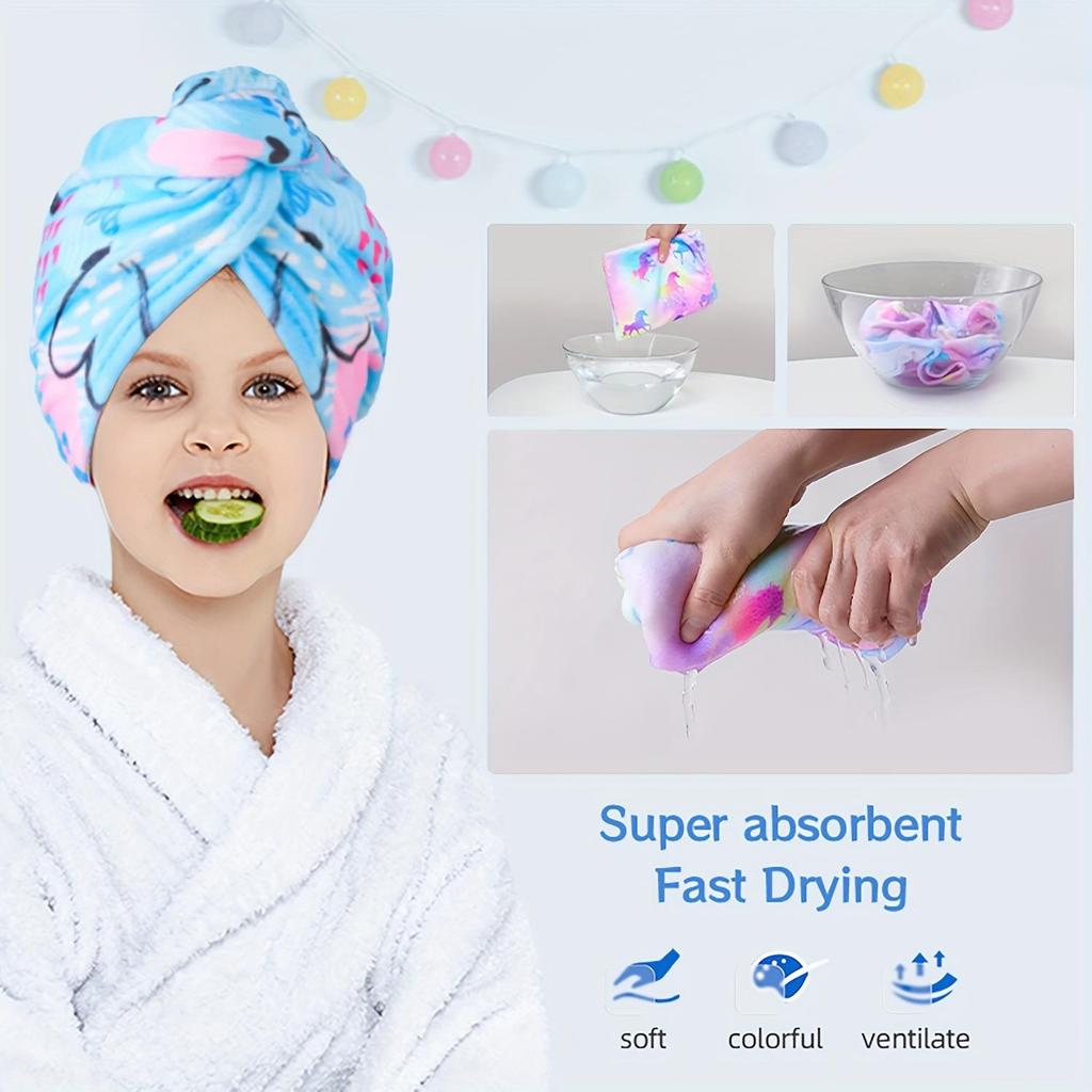 1pc Children's Printed Microfiber Dry Towel, Quick Drying Soft Towel with Button Tie, Wet Hair Wrap Salon Towel Set for Girls