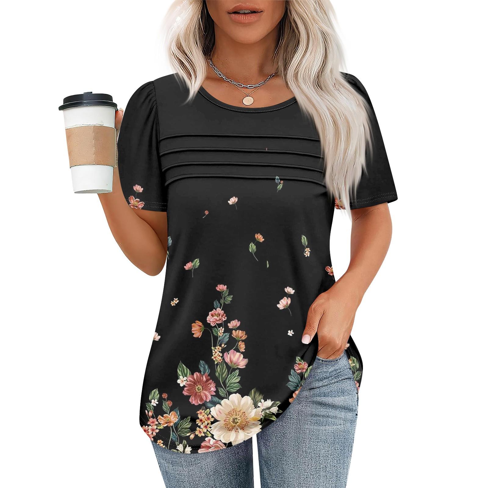 

Футболки для женщин, плиссированные, с круглым вырезом, нарядные, повседневные, блузки с принтом, с коротким рукавом, летние топы, свободный крой L чёрный