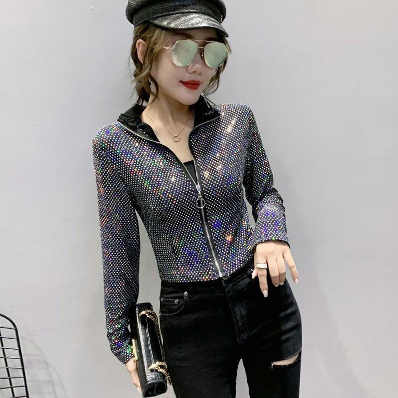 Fashion Glitter Sequined Short Jacket Women Slim Sexy Long Sleeve Zipper Coat Spring Autumn