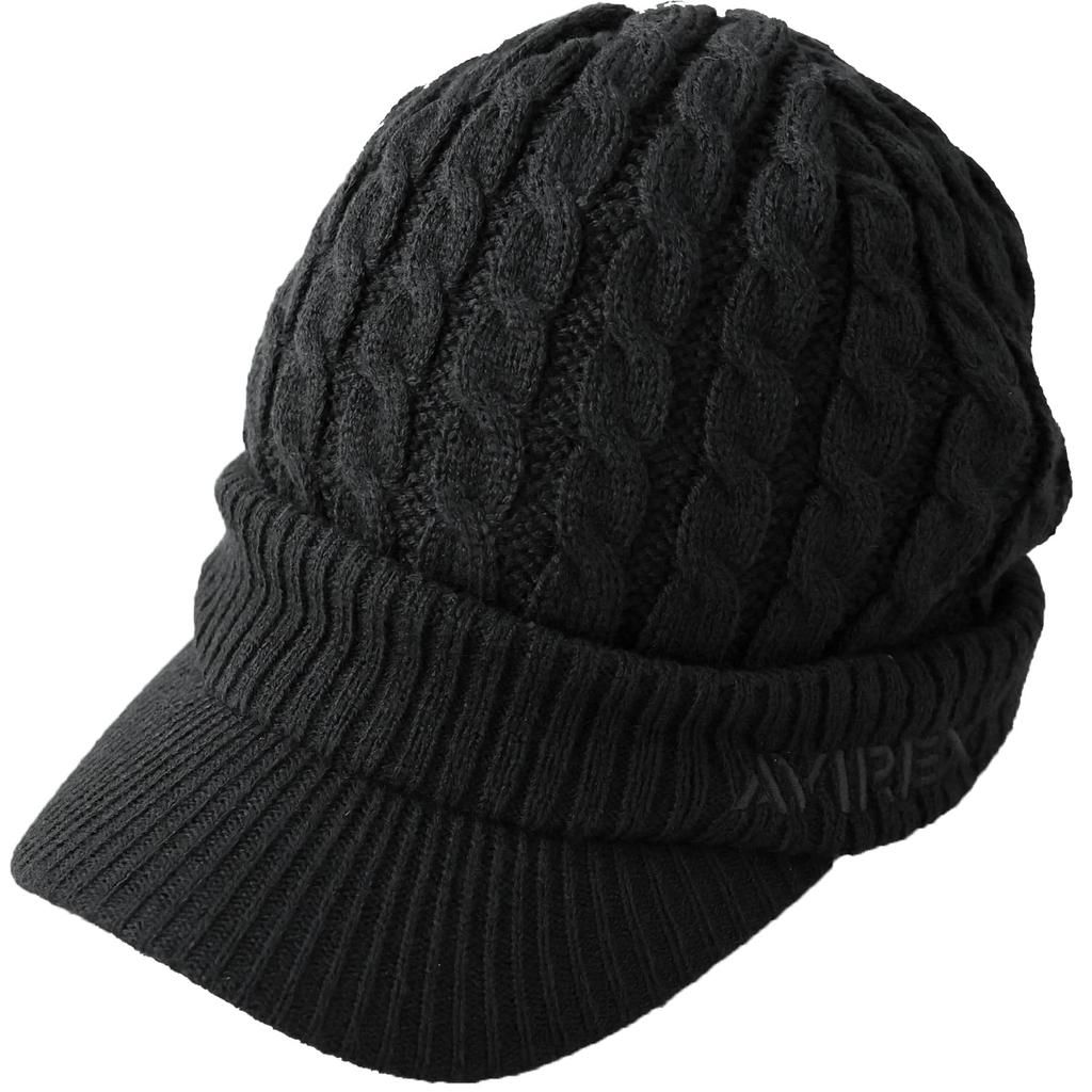 AVIREX Cable Knit Cap with and Winter Knit 023 Loose-Fit Brim, Men's Women's Cap, Black,