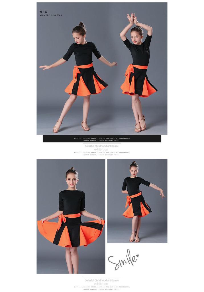 Girls' Short-Sleeve Latin Dance Skirt – Spring/Summer Competition and Practice Costume