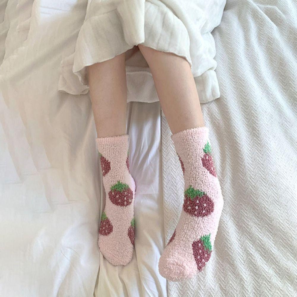 Thickened Floor Plush Socks Flower Strawberry Warm Socks Women Sweet Coral Fleece Socks  For Girls