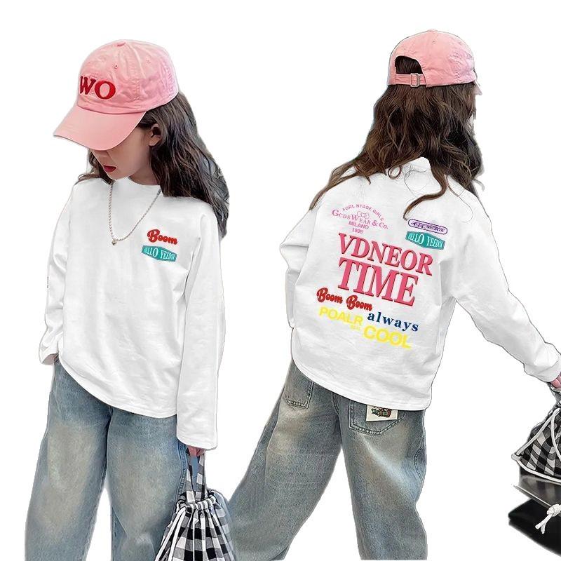 Dziewczęcy jesienny T-shirt z długim rękawem raglanowym i nadrukiem - Odzież dziecięca dla średnich i starszych dzieci