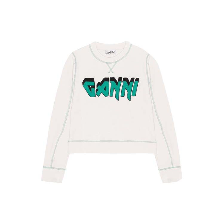 Ganni Ss23 Letter Logo Print Color Block Stitch Design Round Neck Sweatshirt Women sweatshirt White T3459-135