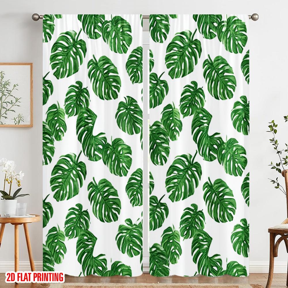 2pcs,2D plane printing Curtains Monstera Leaf Mosaic Polyester (without rod) Home Decor Use for Living Room, Bedroom & Home