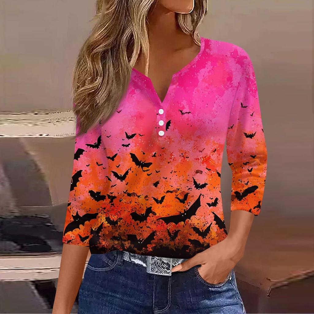 Women's Casual Fashion V-neck Loose Versatile Halloween Print Three-quarter Sleeve Top