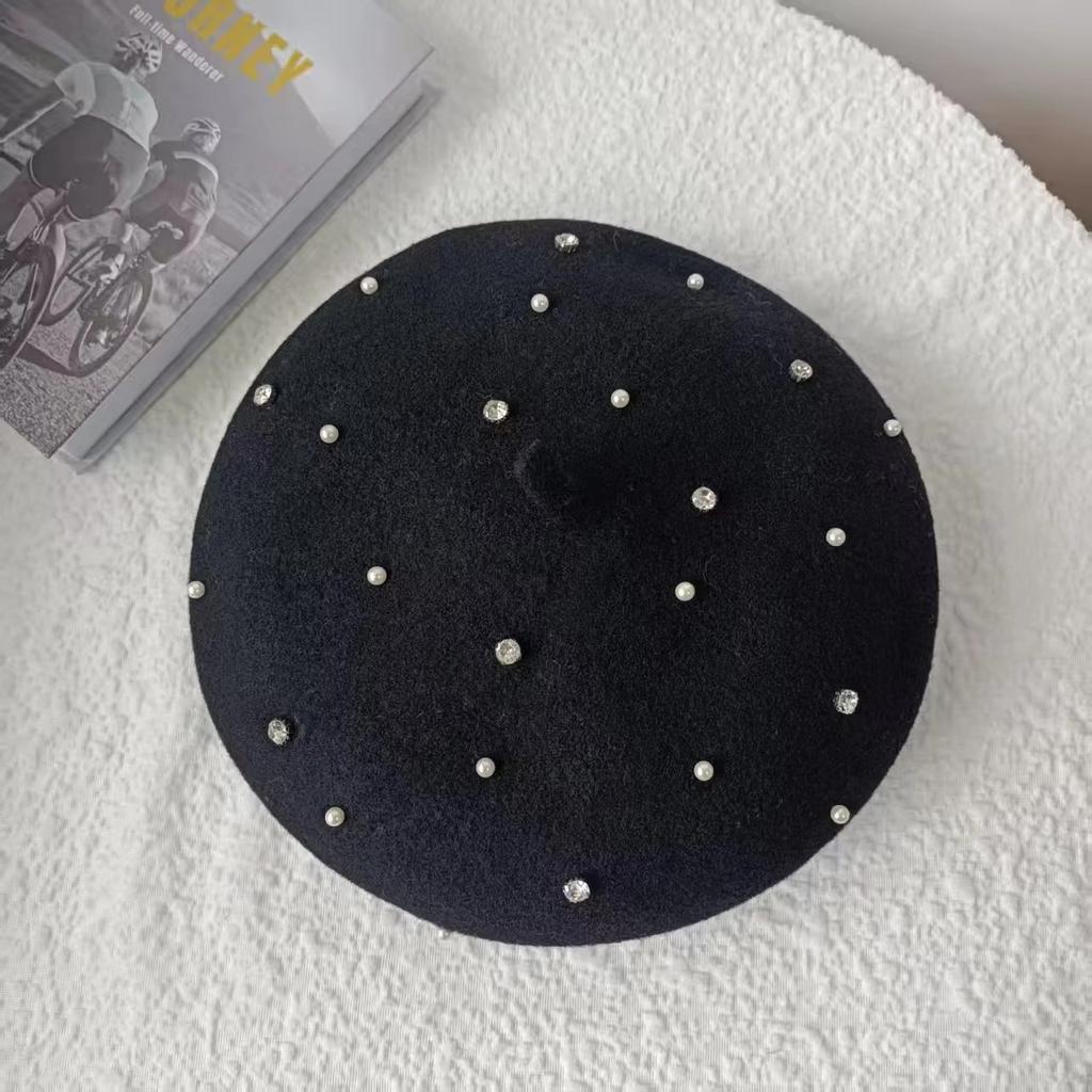Korean Style Autumn Winter New Round Bead Pearl Decorated Woolen Beret Hat Artist Style Casual Fashion Woolen Bloomer Hat