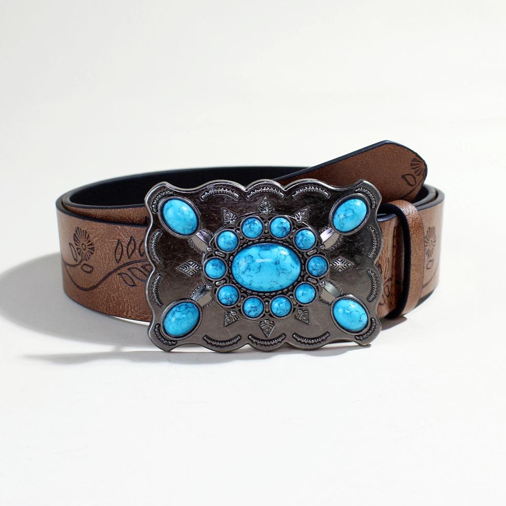 Bohemian Court Style Retro Ethnic Embossed Decorative Belt Rose Pattern Wide Belt Women