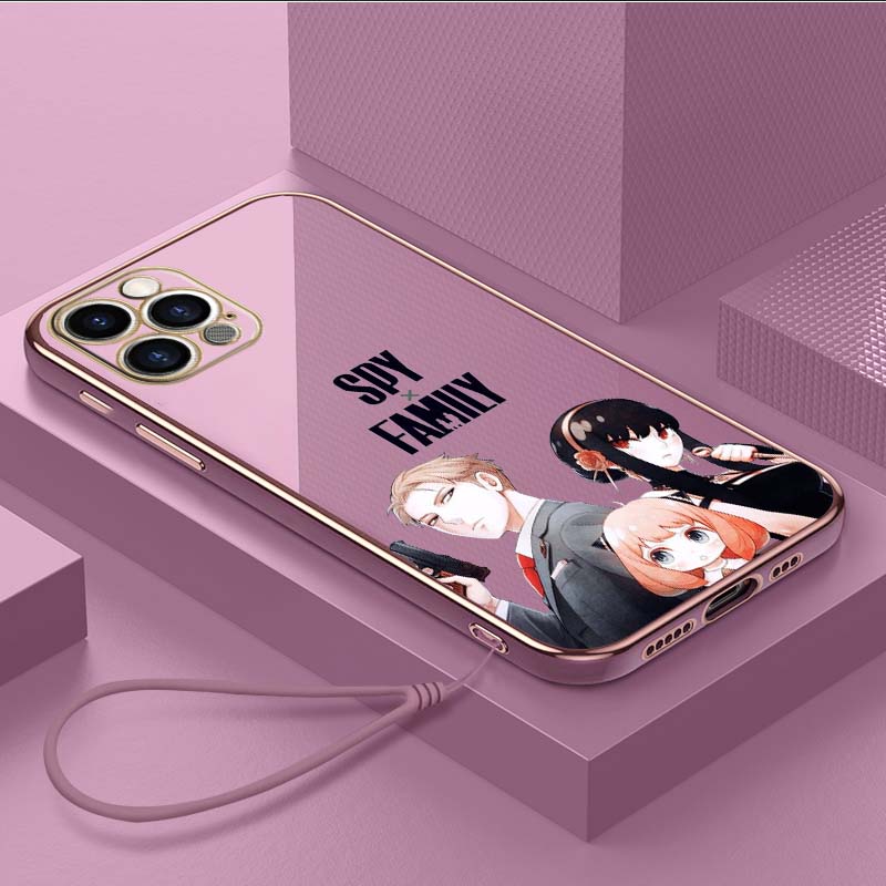 Luxusní pokovené TPU pouzdro na telefon se šňůrkou pro iPhone 6 6s 7 8 Plus SE XR XS 11 12 13 14 15 Pro Max měkké pouzdro A34 Spy X Family Anime Cover