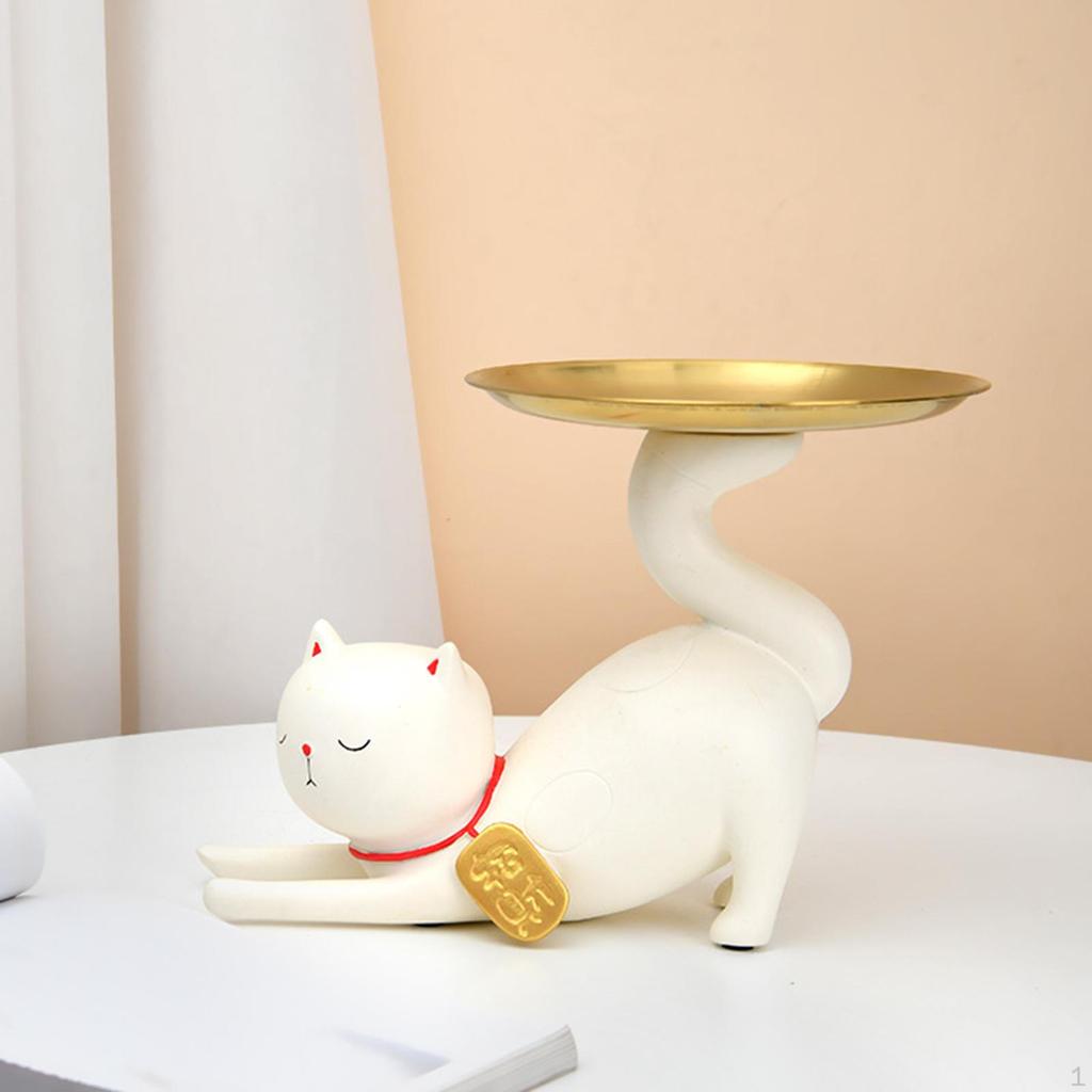 Fortune Cat Statue Chinese Good Luck Decoration with Tray Crafts Party Gift Feng Shui