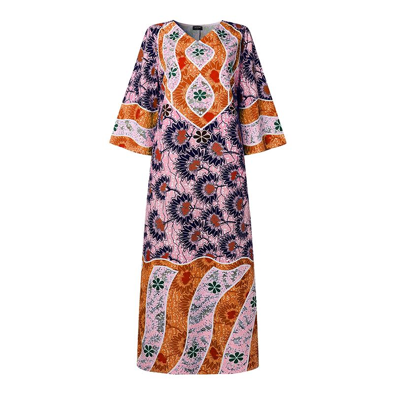 Übergröße Damen Glockenärmel Blumendruck Lässig Locker Maxi Langes Kleid Roben