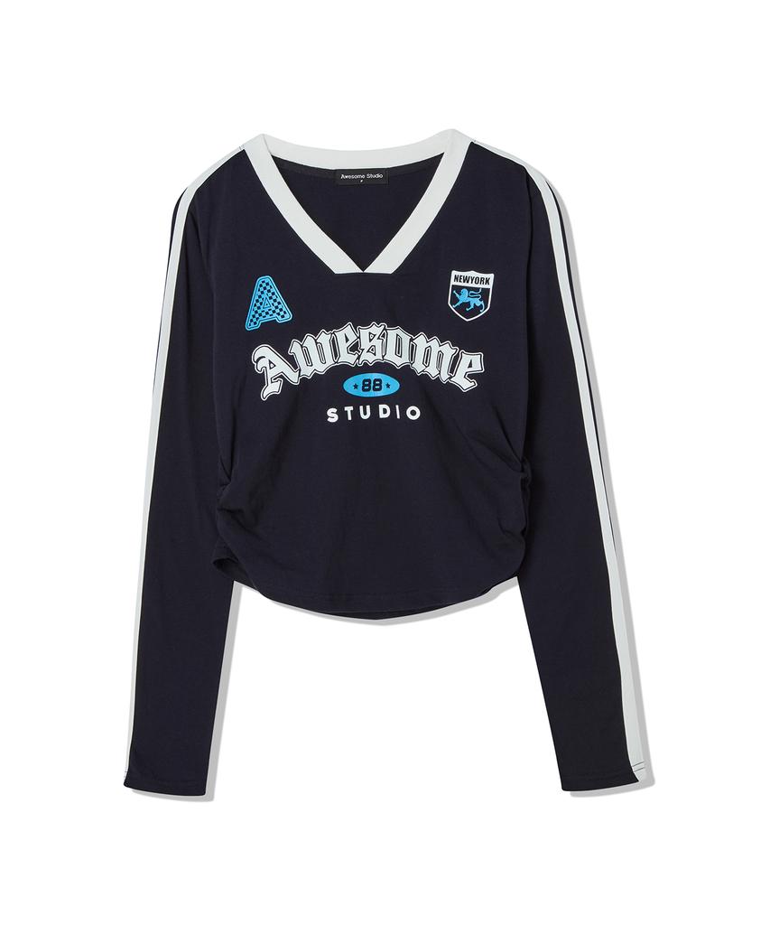AWESOME STUDIO Blockcore V-Neck Shirred T-Shirt Navy