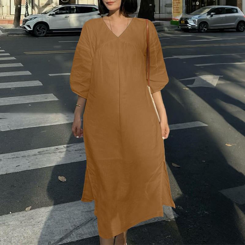 

ZANZEA Женское повседневное свободное летнее платье с V-образным вырезом и короткими рукавами M коричневый