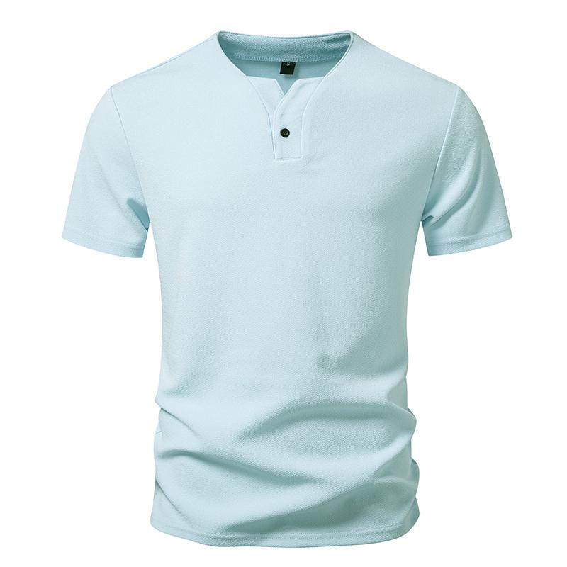 Man T Shirts V Neck Short Sleeved Camiseta Vintage Tops  Summer Button Designer Mens Solid Comfortable Tshirts Golf Wear S светло-синий