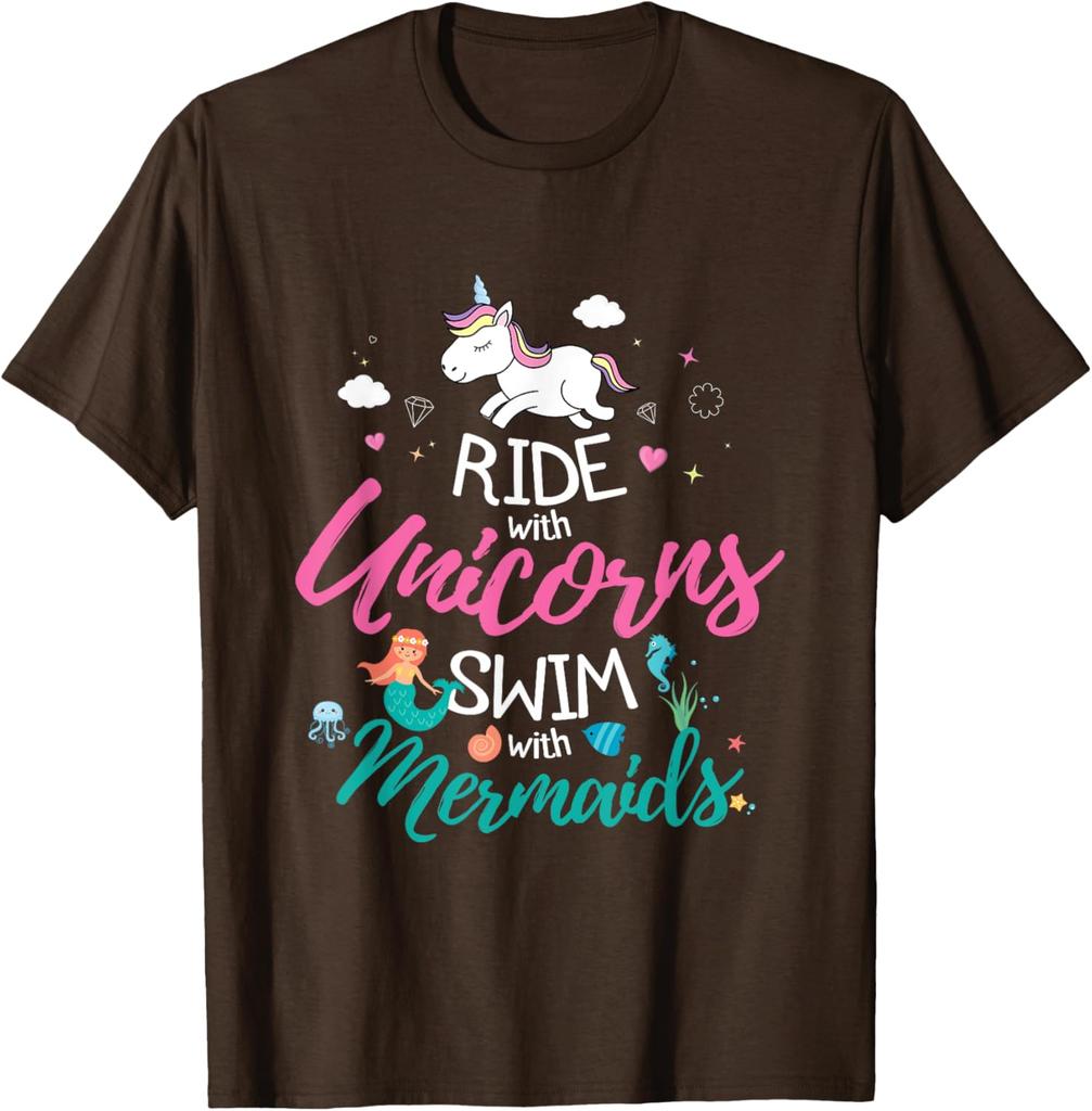 Ride With Unicorns Swim With Mermaids Graphic Tee Casual Short Sleeve Cotton TShirt for Girls