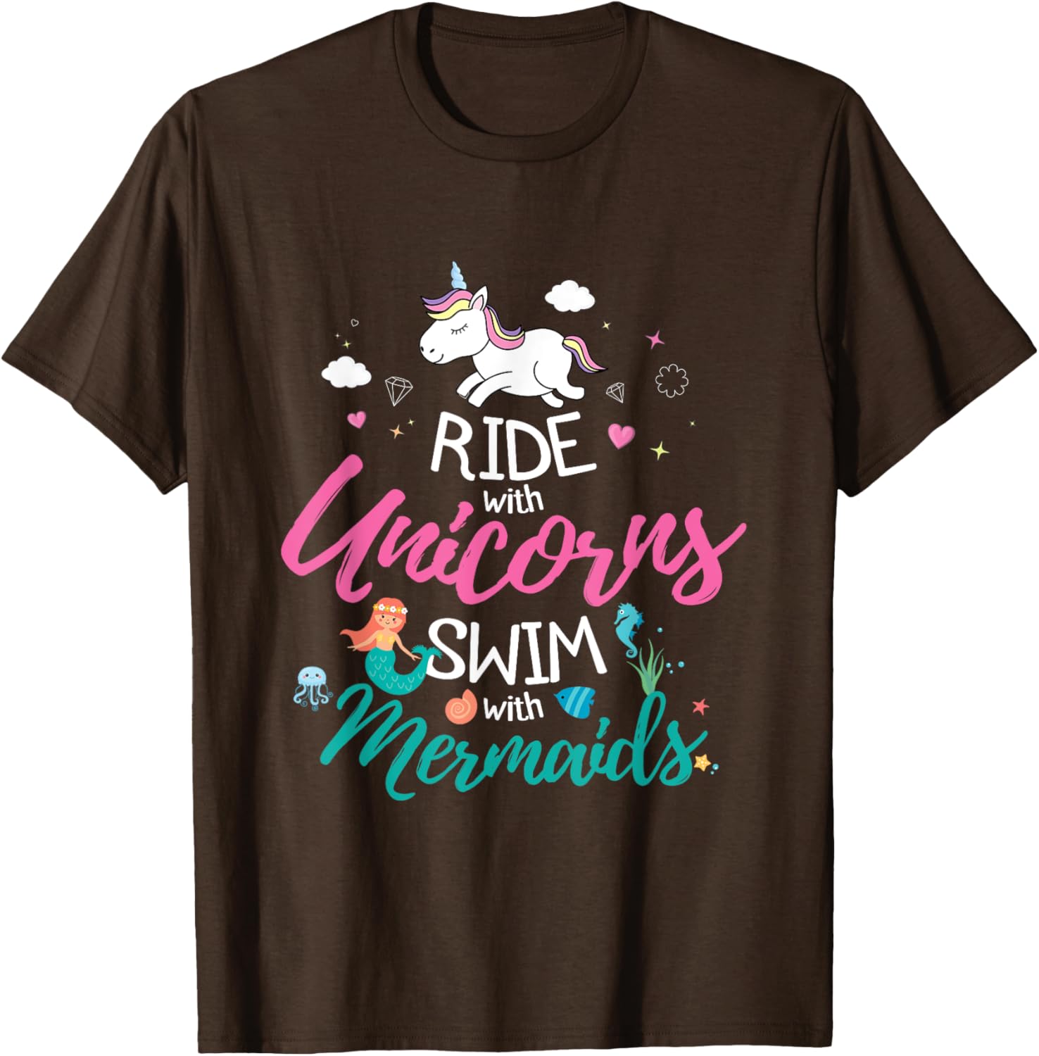 

Ride With Unicorns Swim With Mermaids Graphic Tee Casual Short Sleeve Cotton TShirt for Girls 4XL