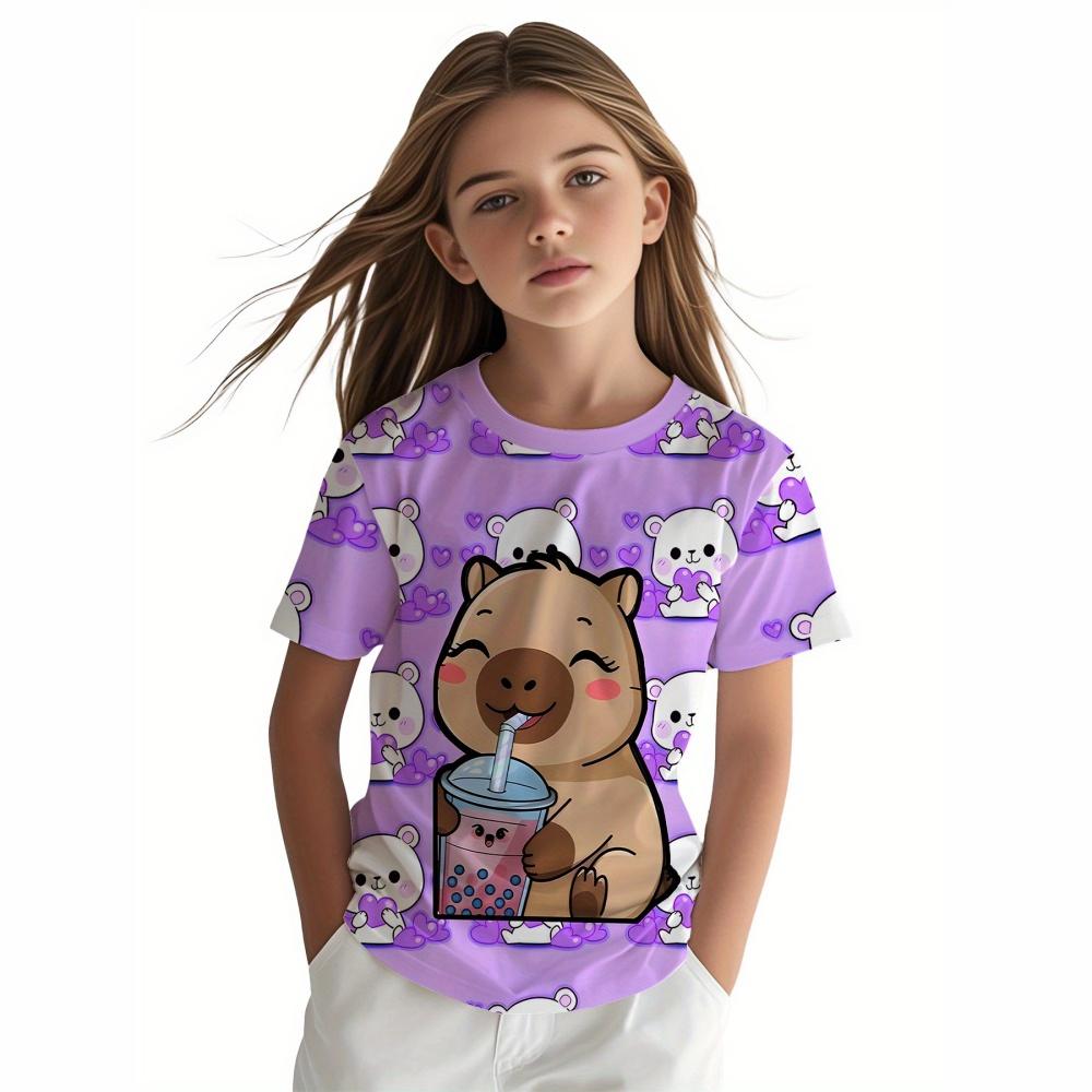 Children's Clothing  Capibala Print Comfortable O-Neck T-Shirt Outdoor Fashion Short Sleeve Children Clothes Girl Tops