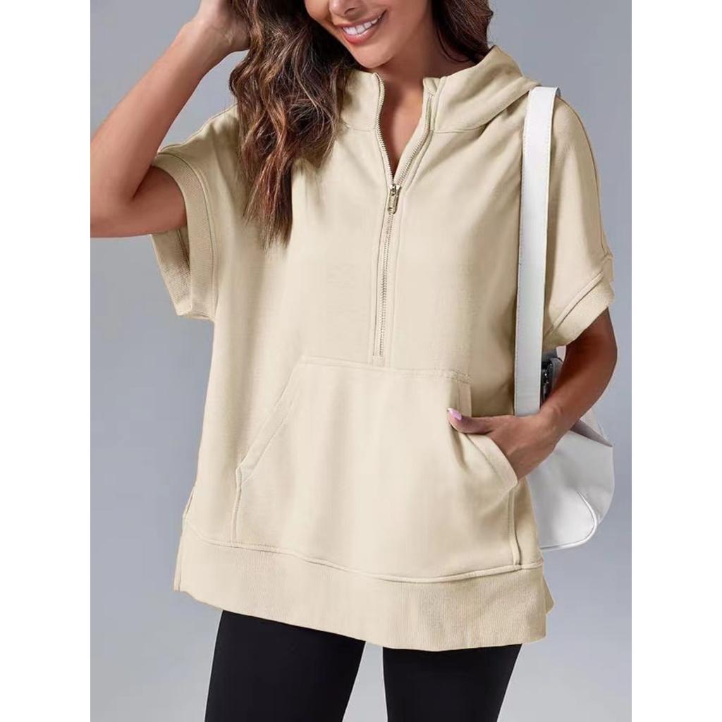 Women's Hooded Short Sleeve Half Zip Oversized Casual Sweatshirt With Pockets