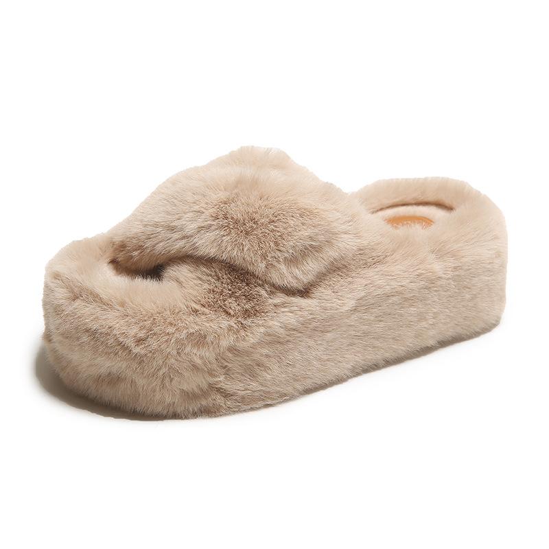 7Cm cross hairy slippers women's 2025 autumn and winter new thick-bottomed warm word lazy thickened cotton slippers women