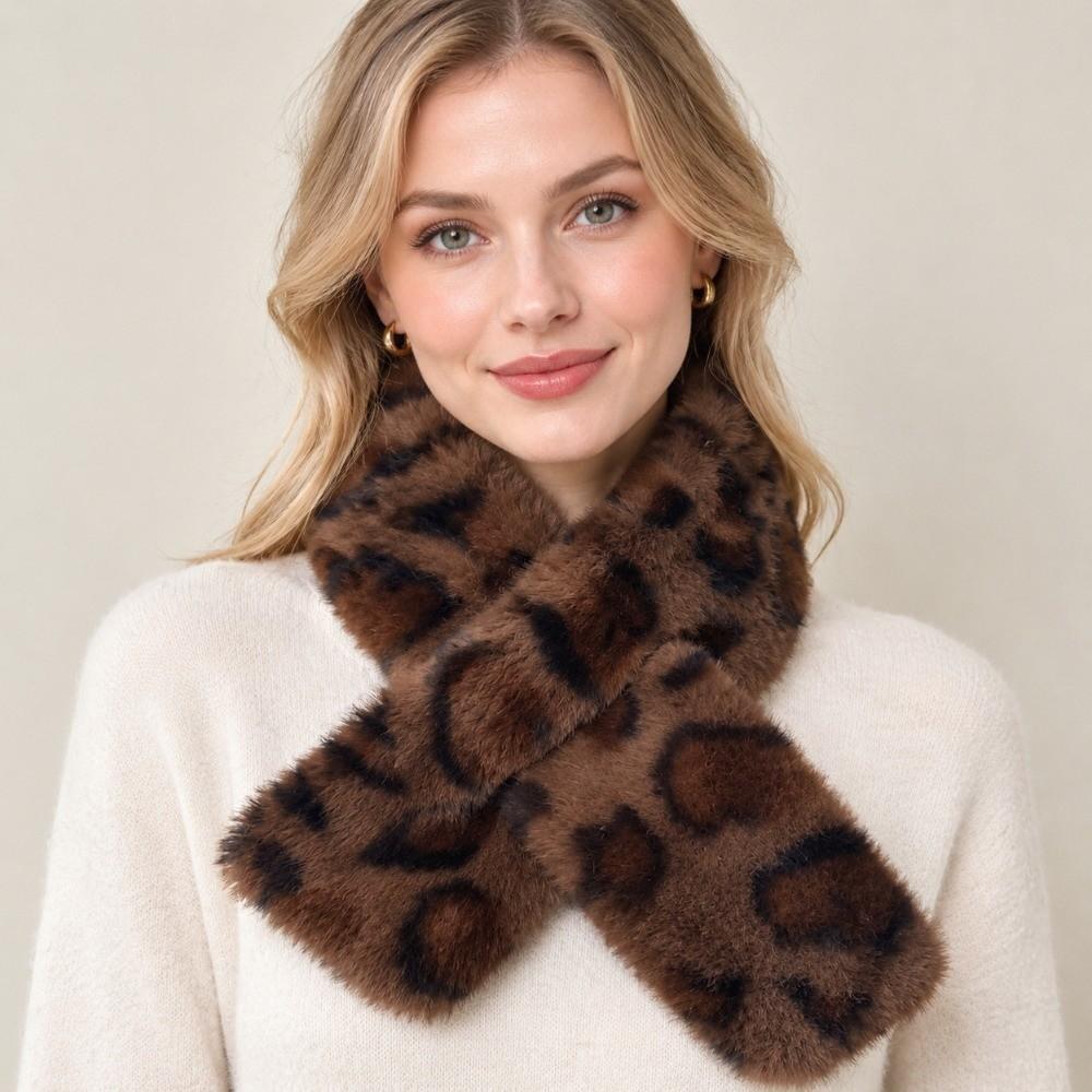 Leopard Print Neck Wrap Scarf Faux Rabbit Fur Thicken Scarf Cute Faux Fur Scarf Outdoor Wear