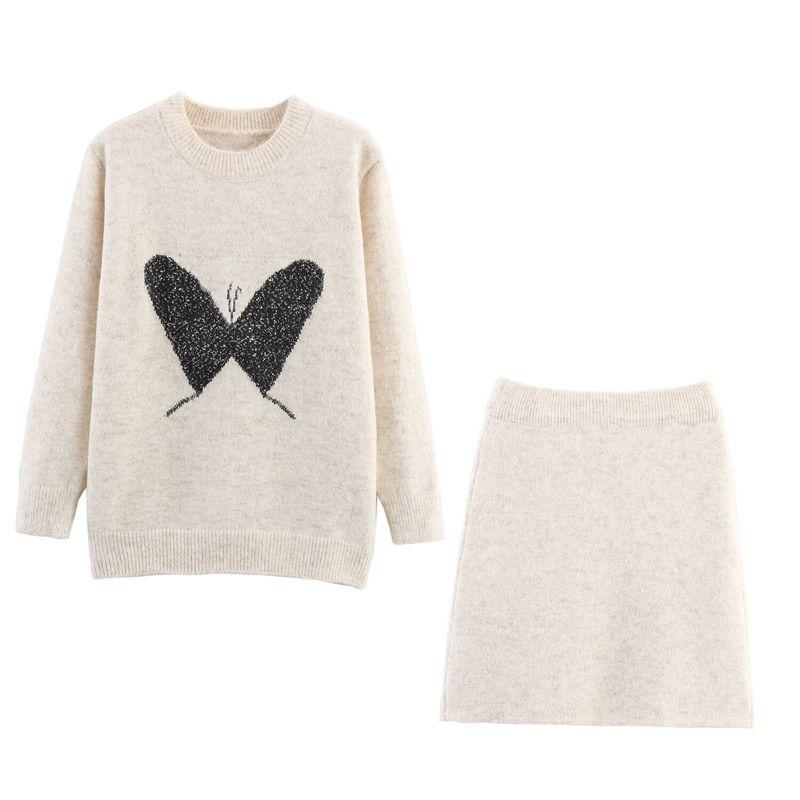 

Kaslead New Women clothes Western Style Butterfly Bright Silk Jacquard round Neck Pullover Knit sweater Skirt Set Beige One size