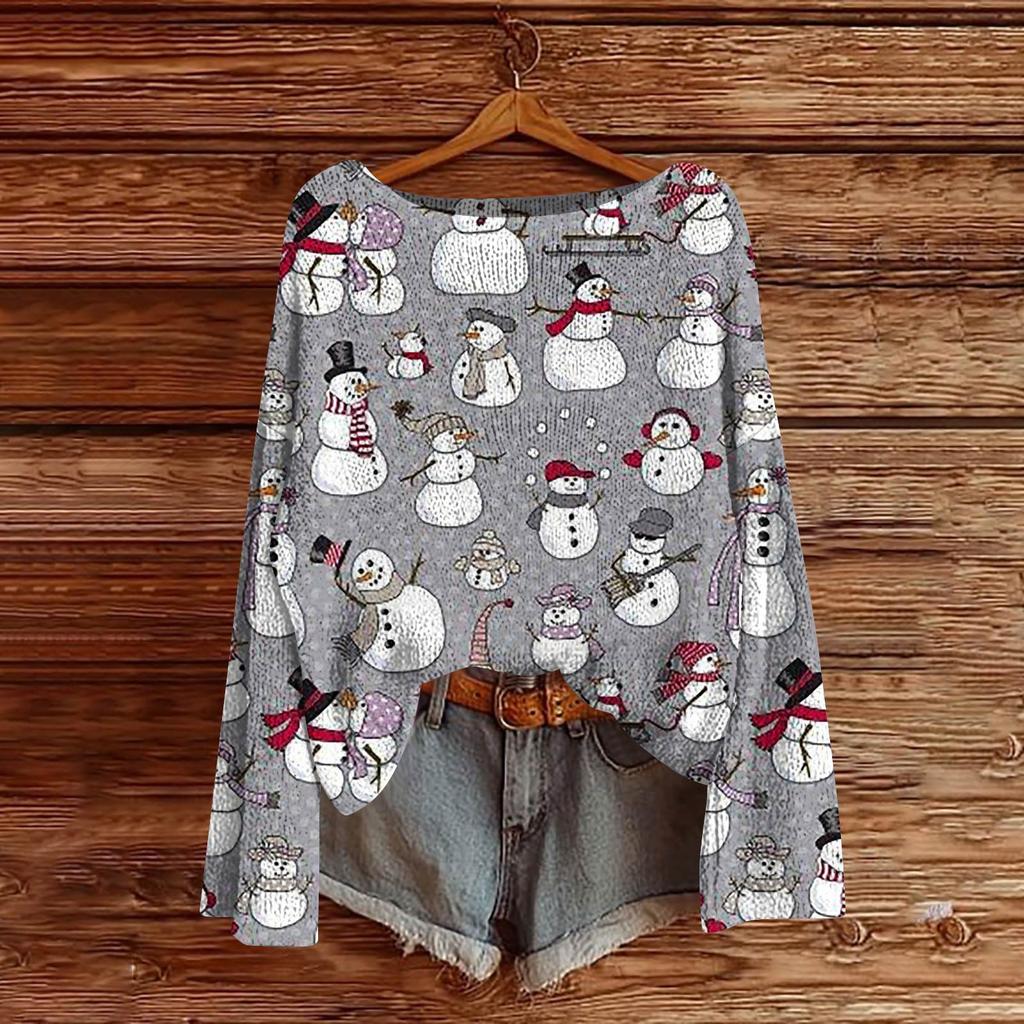 Women's Fashion Christmas Print Lightweight Sweater Casual Long-Sleeve Knit Pullover Top