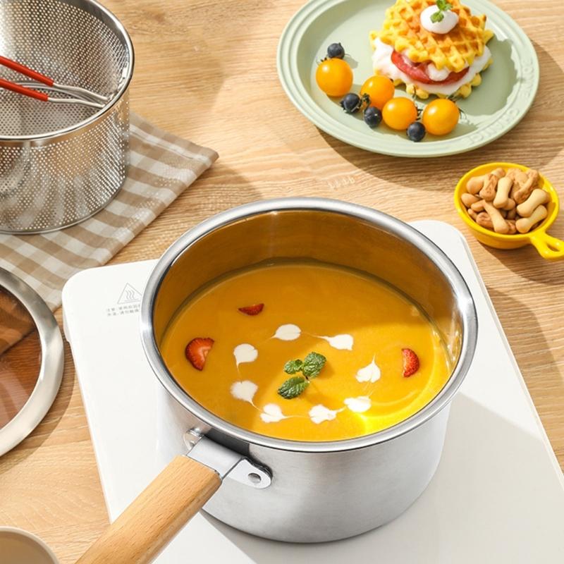 Professional Kitchen Fryers Set with Lid Strainer Basket and Cooking Tongs Wood Handle for Heat Protections Home Use