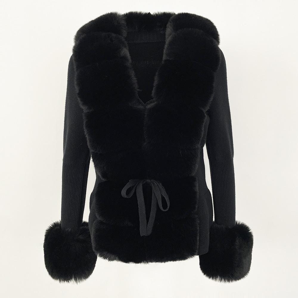 Faux Fur Coat Patchwork Knit Sweater Bandage Fur Cardigan Detachable Collar Jacket Autumn-winter Women's Faux Fur Coat
