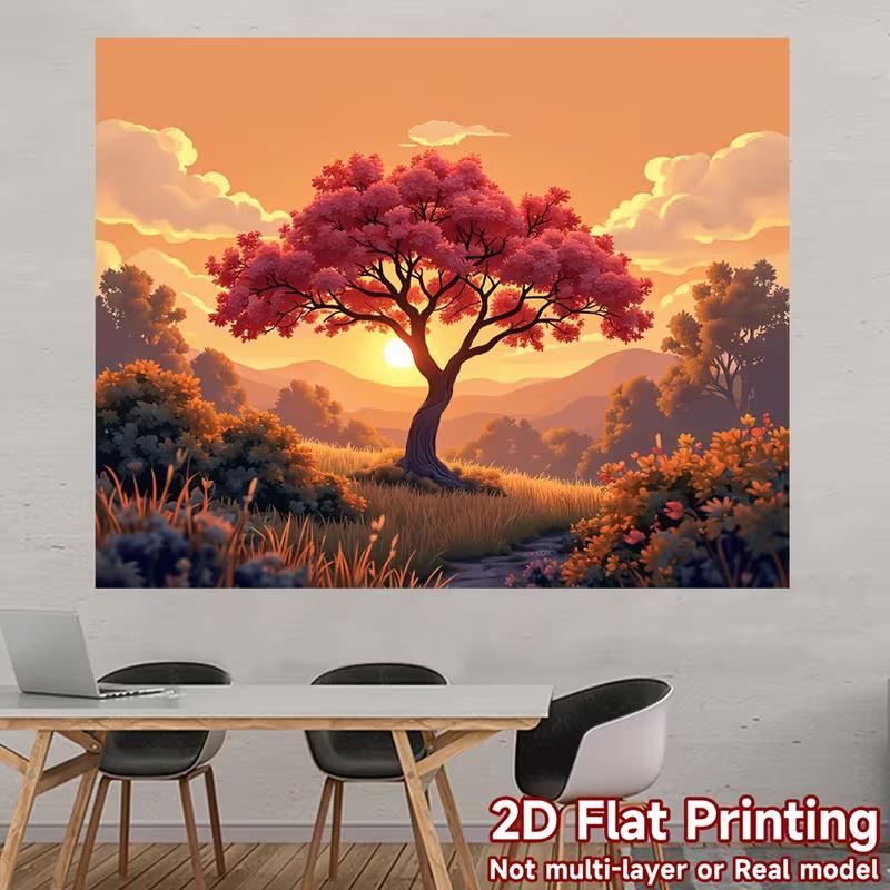 

2D Warm Sunset Meadow Backdrop with Pink Blossom Tree for Artistic Photoshoot & Home Banner 47.2x31.5inch/120*80cm