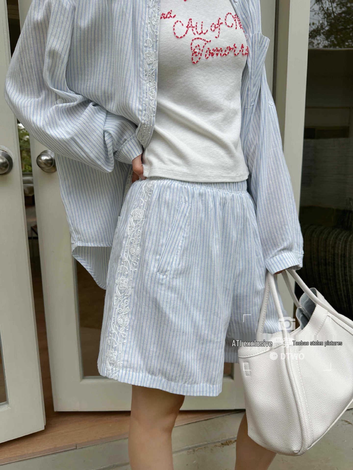 DTWO Women s Versatile Casual Striped Shorts - Spring/Summer Original Design (Thirteen Line) Large