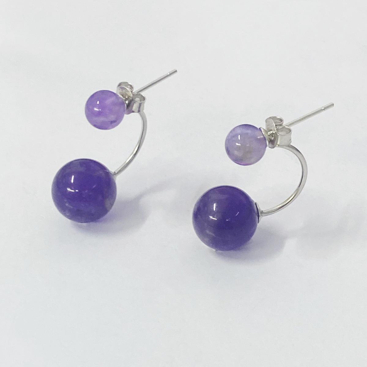 

Срібні сережки-пусети S925 з натуральним аметистом, круглі намистини - Високоякісний ретро-дизайн з подвійною кулькою для жінок