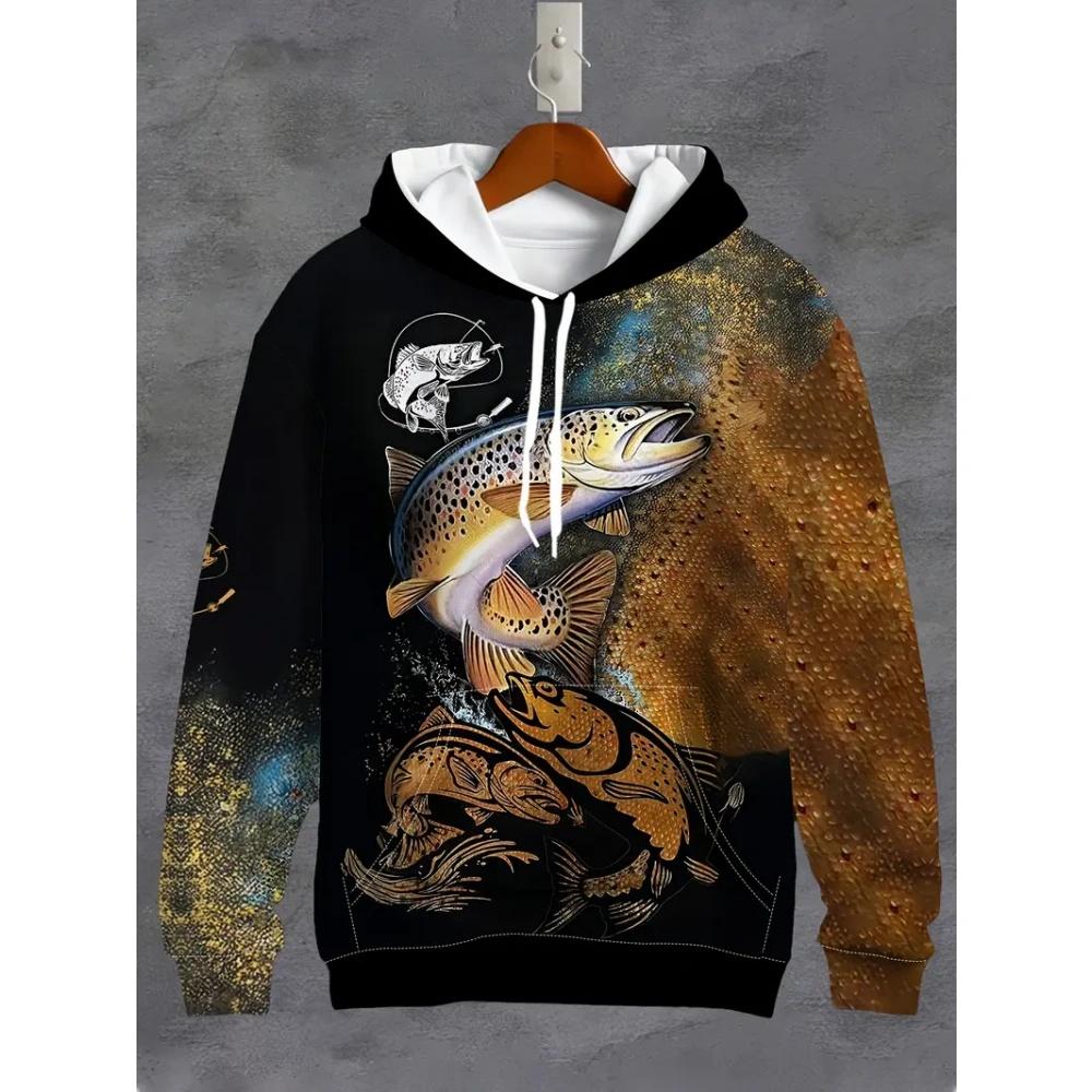Fashion Fishing Pattern Print Hoodies for Man Autumn Winter Outdoor Loose Enthusiast Long Sleeve with Pockets Men's Sweatshirt