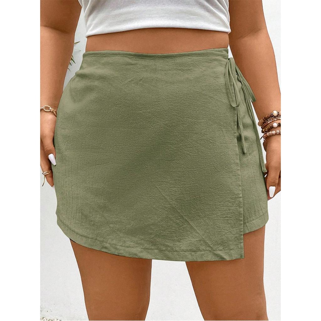 Spring Summer New Solid Color Tie Waist Elastic High Waist A-line Skort Women Casual Summer Shorts Skirt