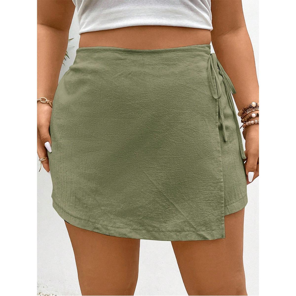 

Spring Summer New Solid Color Tie Waist Elastic High Waist A-line Skort Women Casual Summer Shorts Skirt S армия зеленый