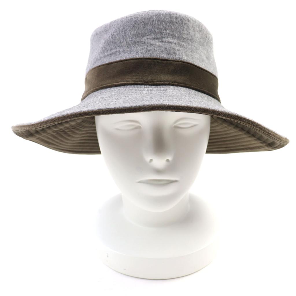Excellent HERMES Hat Logo-print Velour Hat with Lining Gray Khaki Wool Women 57 Used