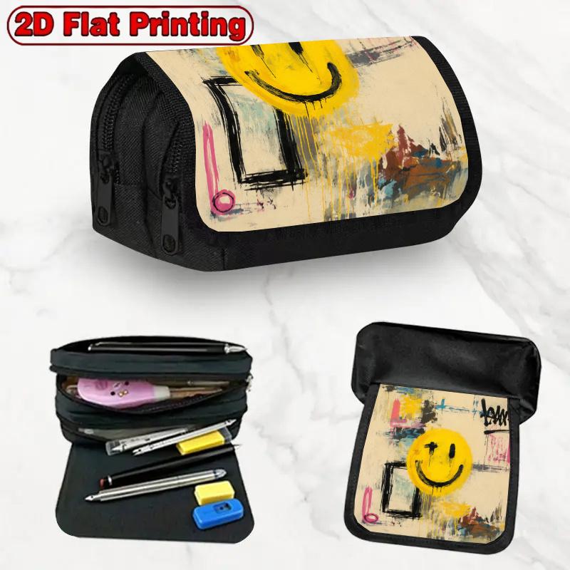 1pc Abstract Joyful Face Yellow Design Double Layer Flip Pencil Case-2D Printing, Large Capacity Zipper Closure, Suitable for Schools, Offices and Tra