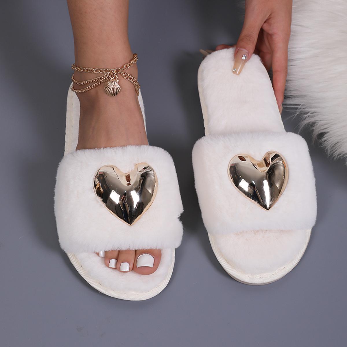 

Модные плюшевые тапочки Love для женщин, корейская версия, новые плюшевые теплые шлепанцы, домашние нескользящие плоские модные домашние хлопковые тапочки 41 белый