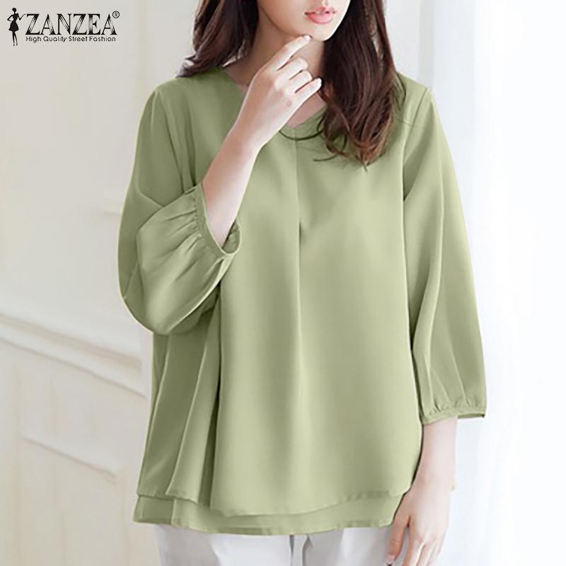 

ZANZEA Женская летняя однотонная повседневная блузка с рукавом 3/4 и v-образным вырезом