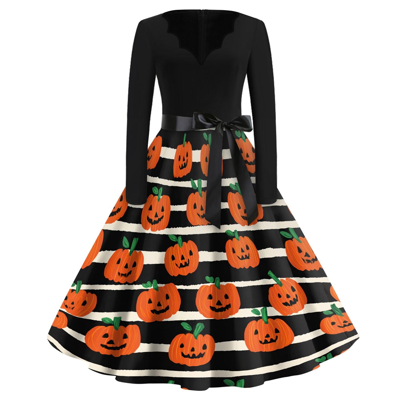 Women s Casual V-Neck Vintage Halloween Print Dress for Fall Celebrations S