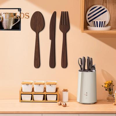 3Pcs/Set Wooden Cutlery Wall Decoration Home Kitchen Background Wall Art 3D Cutter Fork Spoon Utensils Hanging Ornament Sign Pendant