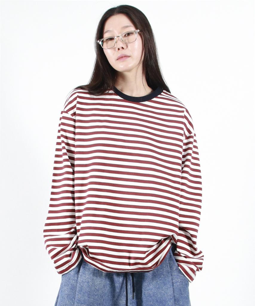 Deumakeu Stripe Loose-Fit Long Sleeve Tee - Burgundy