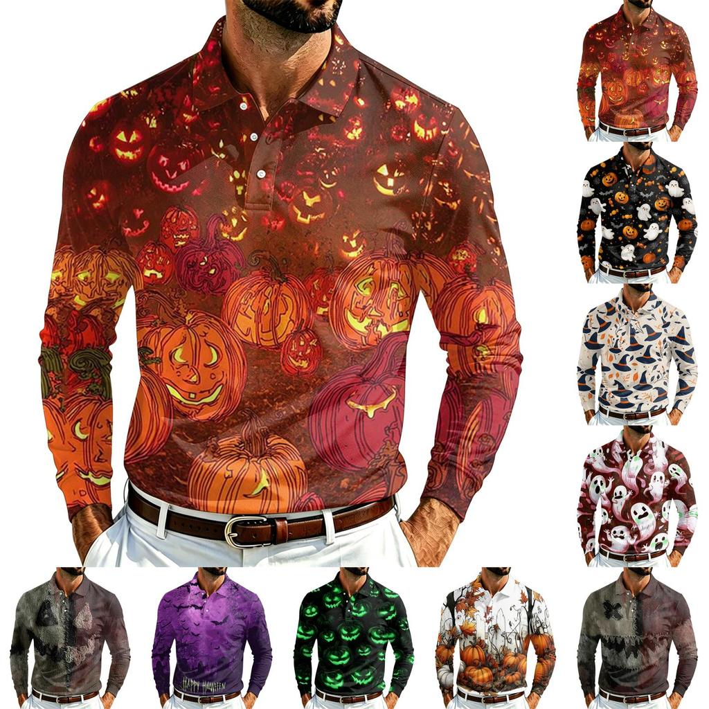 Herren Langarm Poloshirt Leichtes Atmungsaktives Netzgewebe Lässiges Hemd mit Knöpfen Halloween Geister-Aufdruck Design