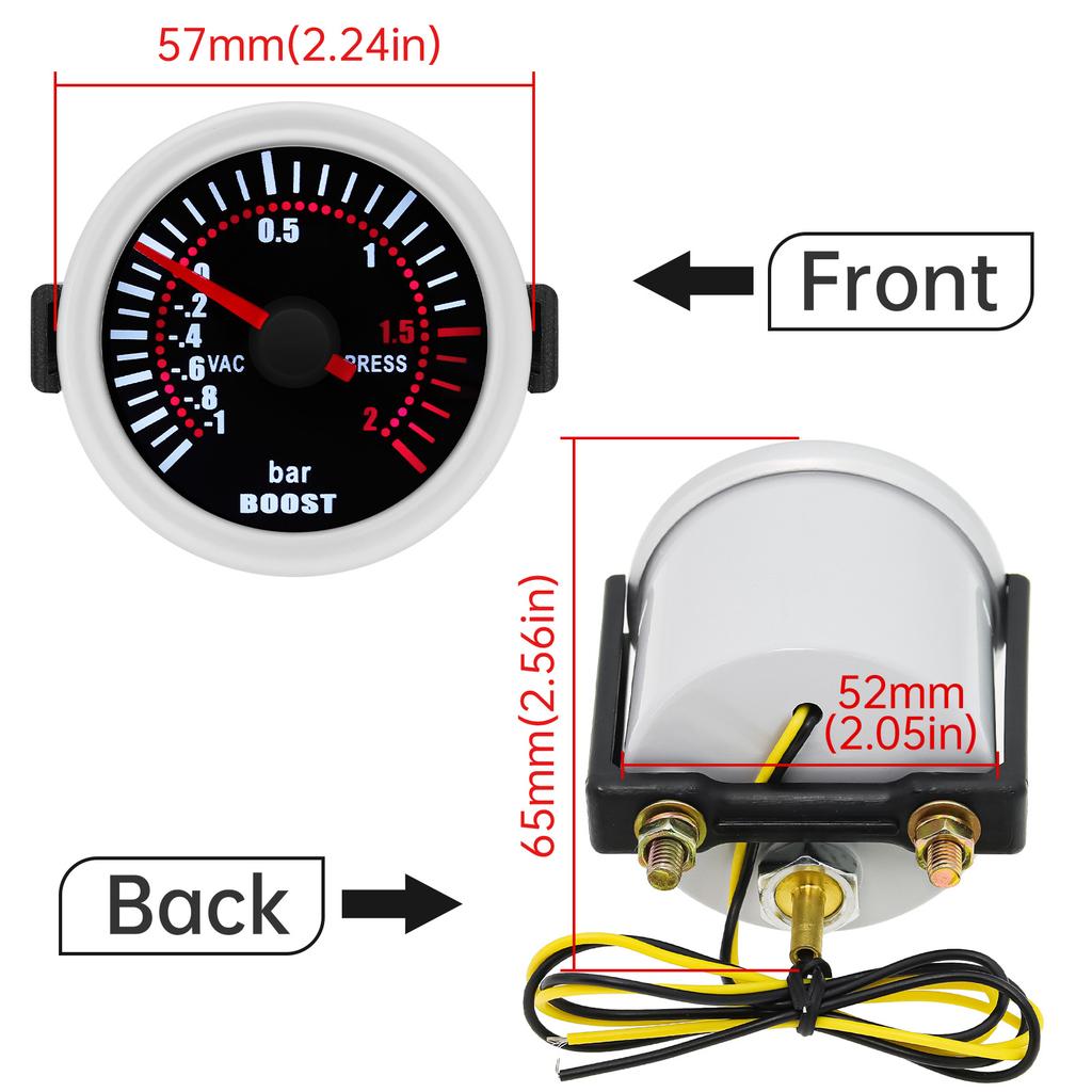 New 52mm Smoke Len Pointer Boost Gauge -1~0~2 BAR Turbo Boost Meter White LED Oil Pressure Tachometer Universal For 12V Auto Car