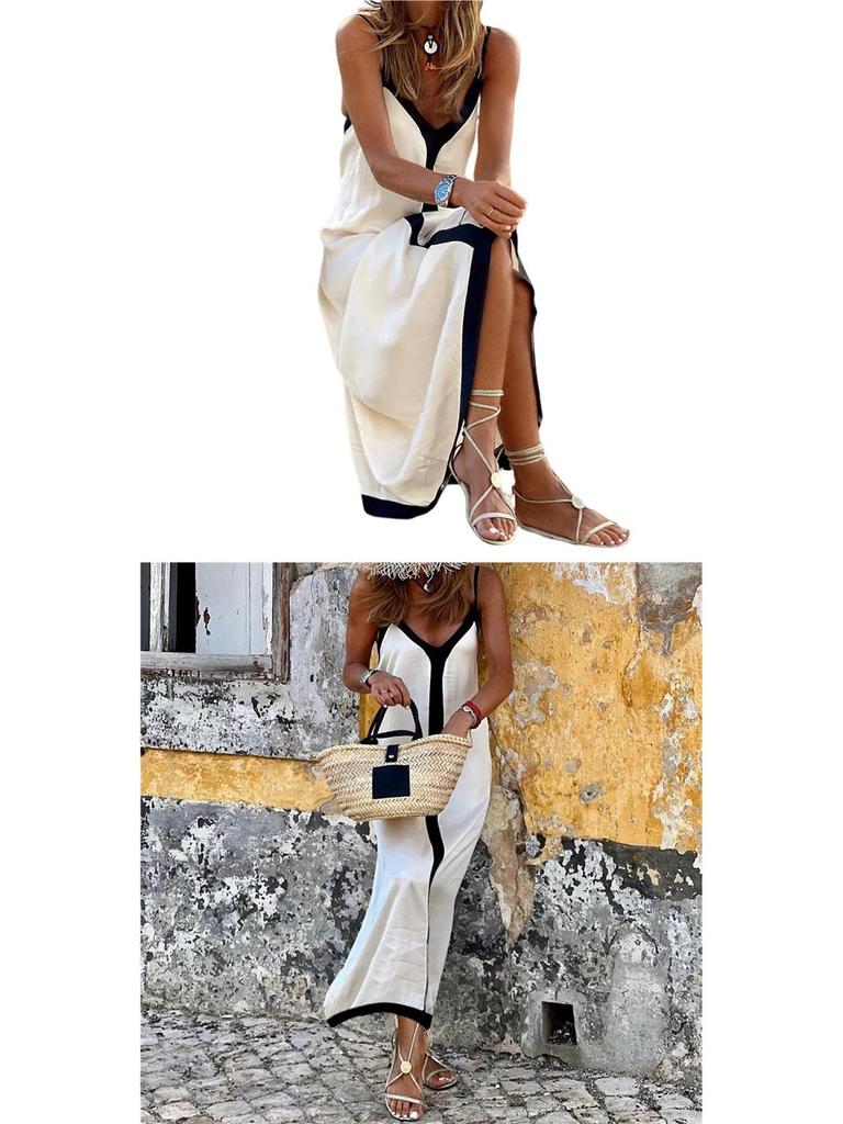 2026 Women's Vacation A-Line Dress with Adjustable Straps and Color Block Design