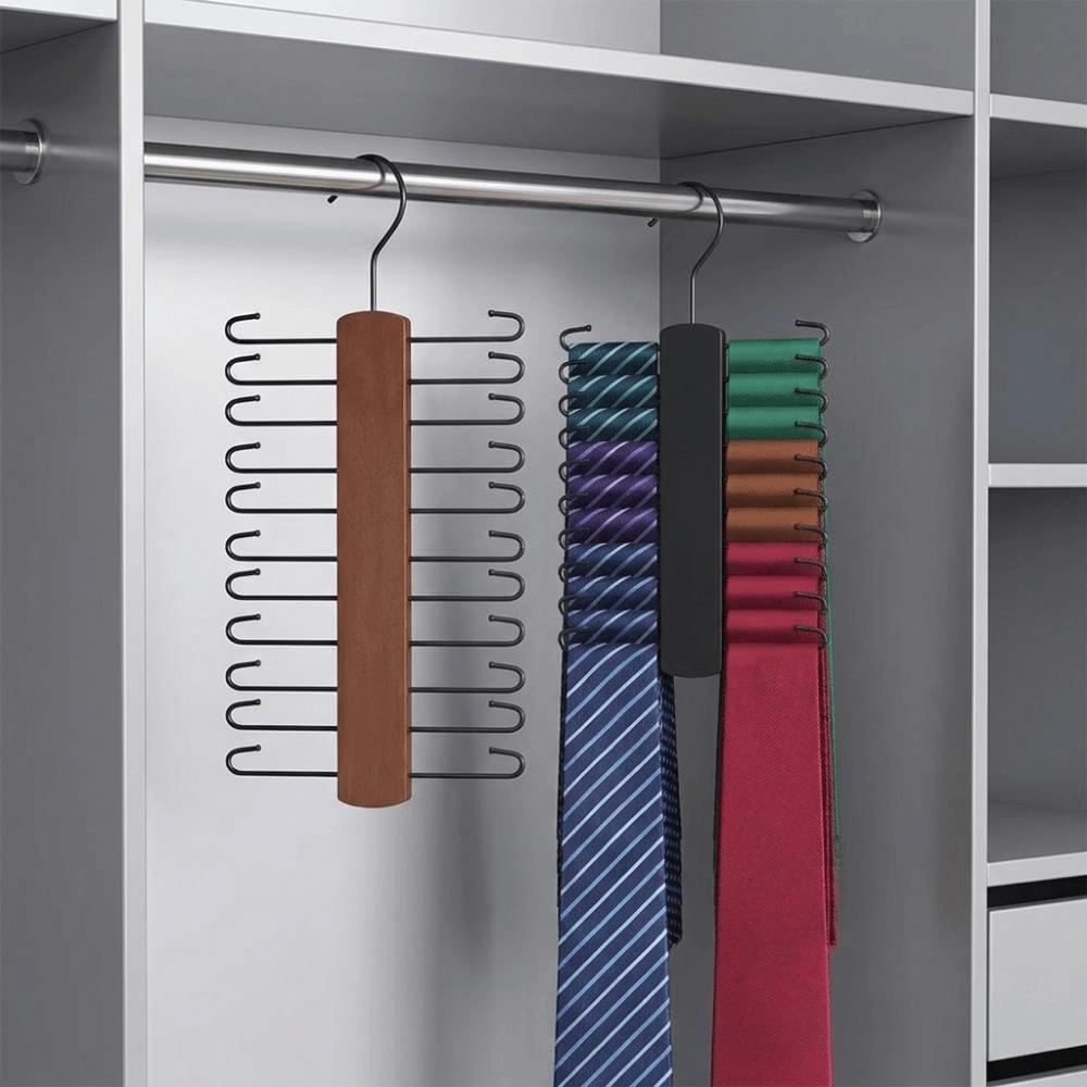 360° Rotating Wooden Tie Rack Space Saving Belt Storage Hanger Tie Storage Rack Men