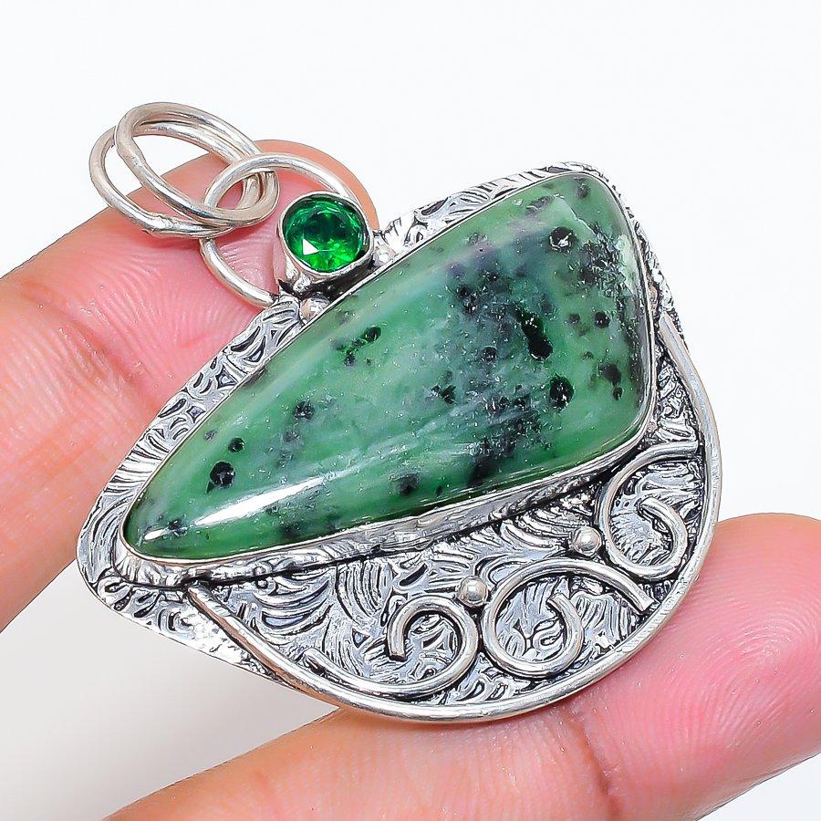 Natural Ruby Zosite, Peridot 925 Sterling Silver Jewelry Pendant 2.01" ZS-163