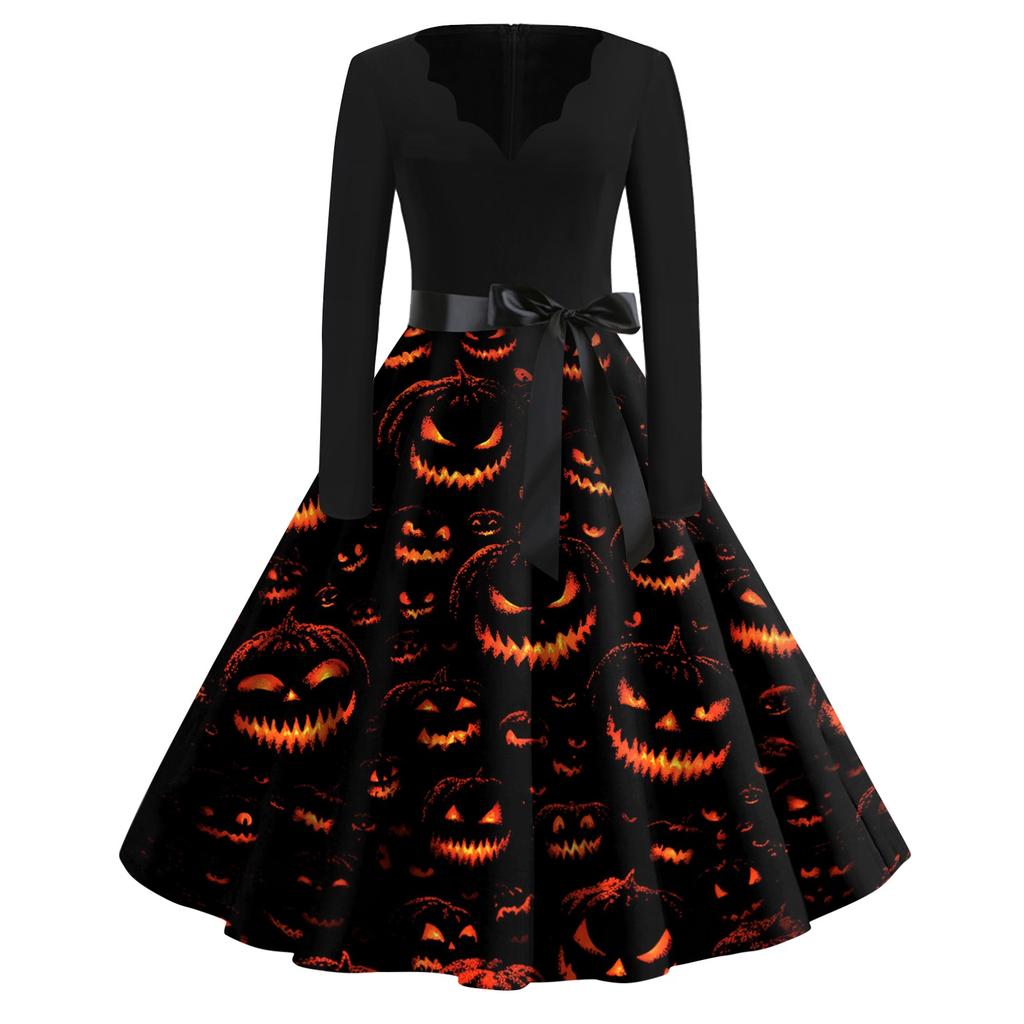 Women’s Casual Halloween Print V Neck Vintage Dress Long Sleeve A Line Midi Dress with Belt for Holiday Party Events