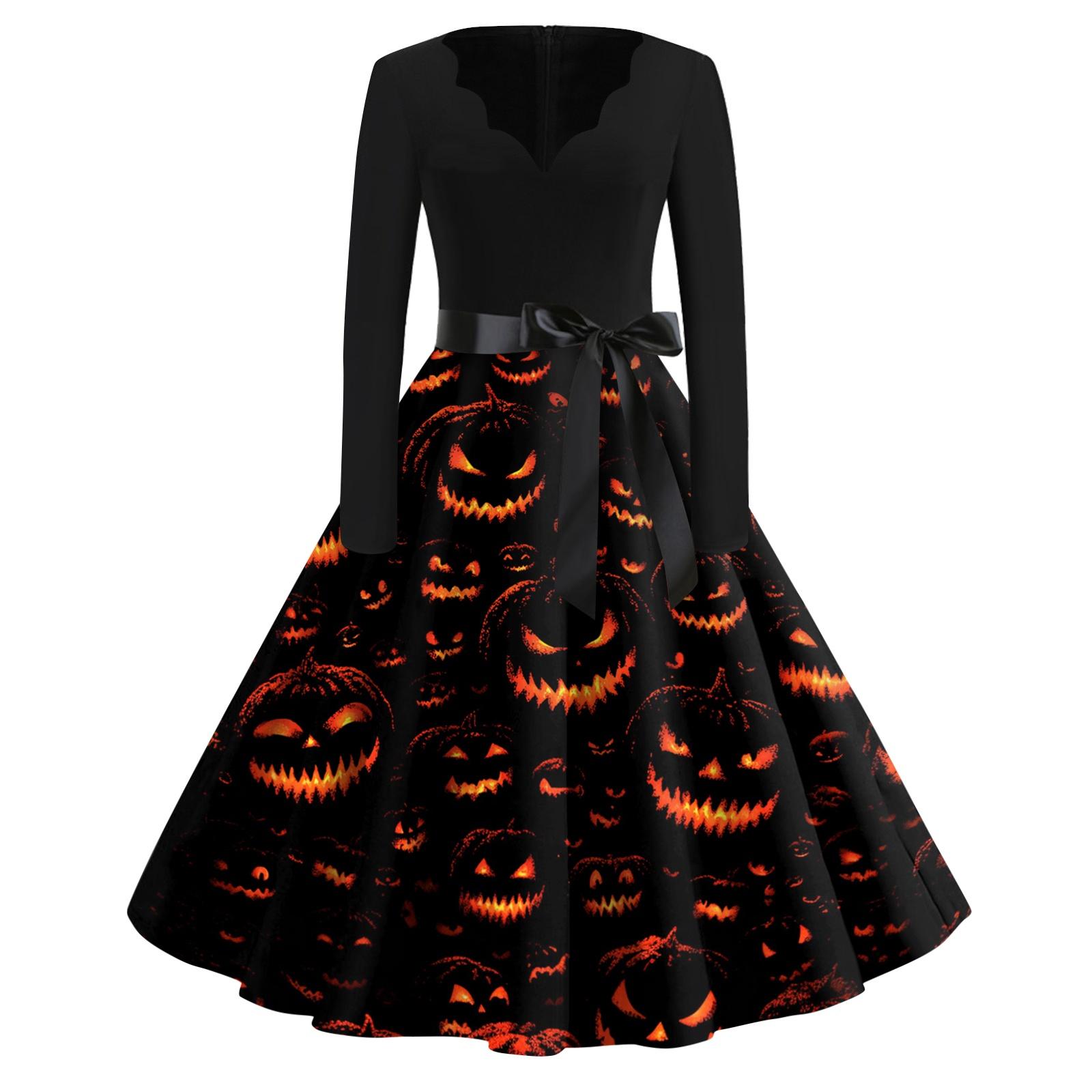 

Women Casual Halloween Print V Neck Vintage Dress Long Sleeve Retro Style Fit and Flare Midi Dress with Waist Tie Ribbon XL жовтий