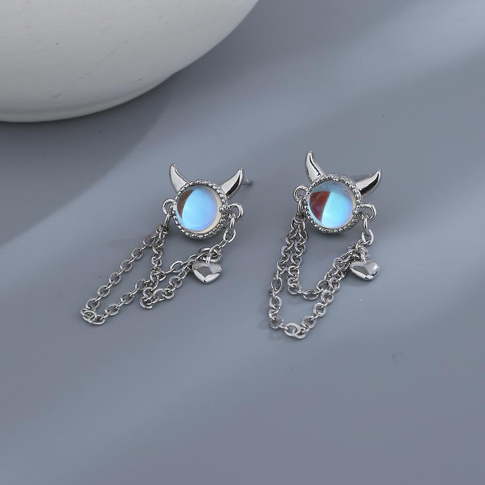 Moonstone Double Layer Heart Tassel Earrings - Y2K Spice Girl Style