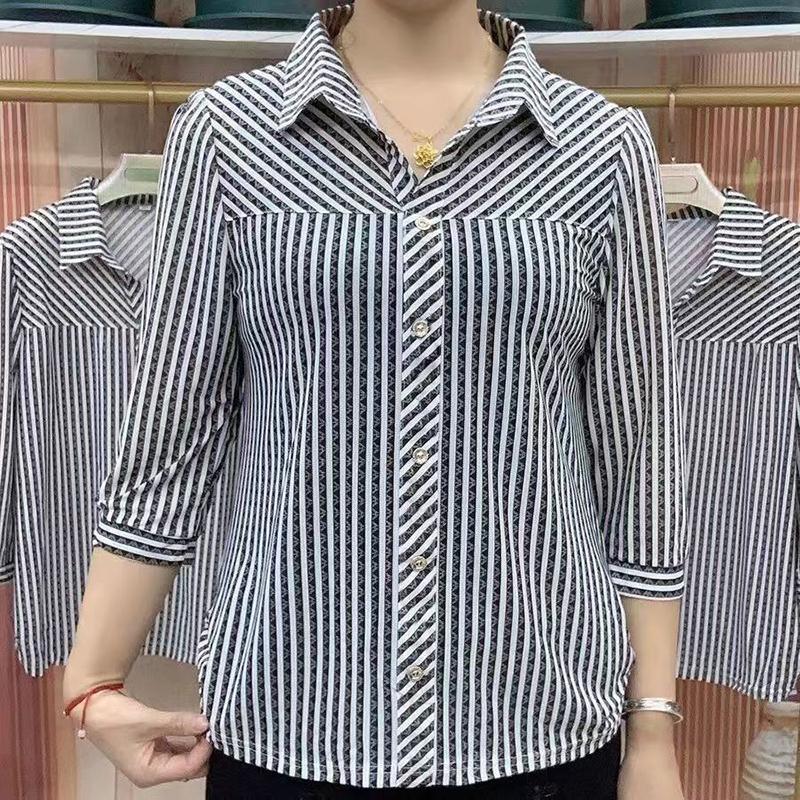Fashion Lapel Button Spliced Printed Striped Shirts Women's Clothing Autumn Loose Commuter Tops Casual Chiffon Blouses